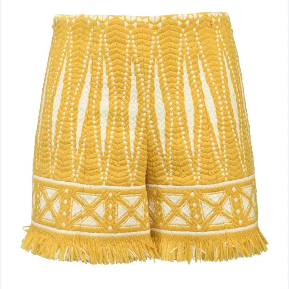 Tory Burch Yellow and White Patterned Jacquard Fringe Shorts Size 2